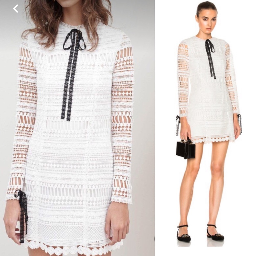 Alexis lace white mini dress with black bow detail S